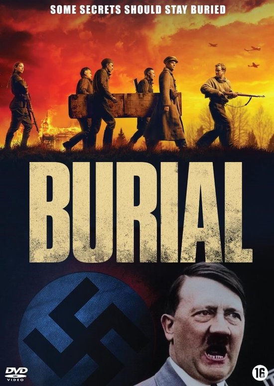 Filmcover 'Burial' met mensen die een kist dragen tegen een vurige zonsondergang en Adolf Hitler.