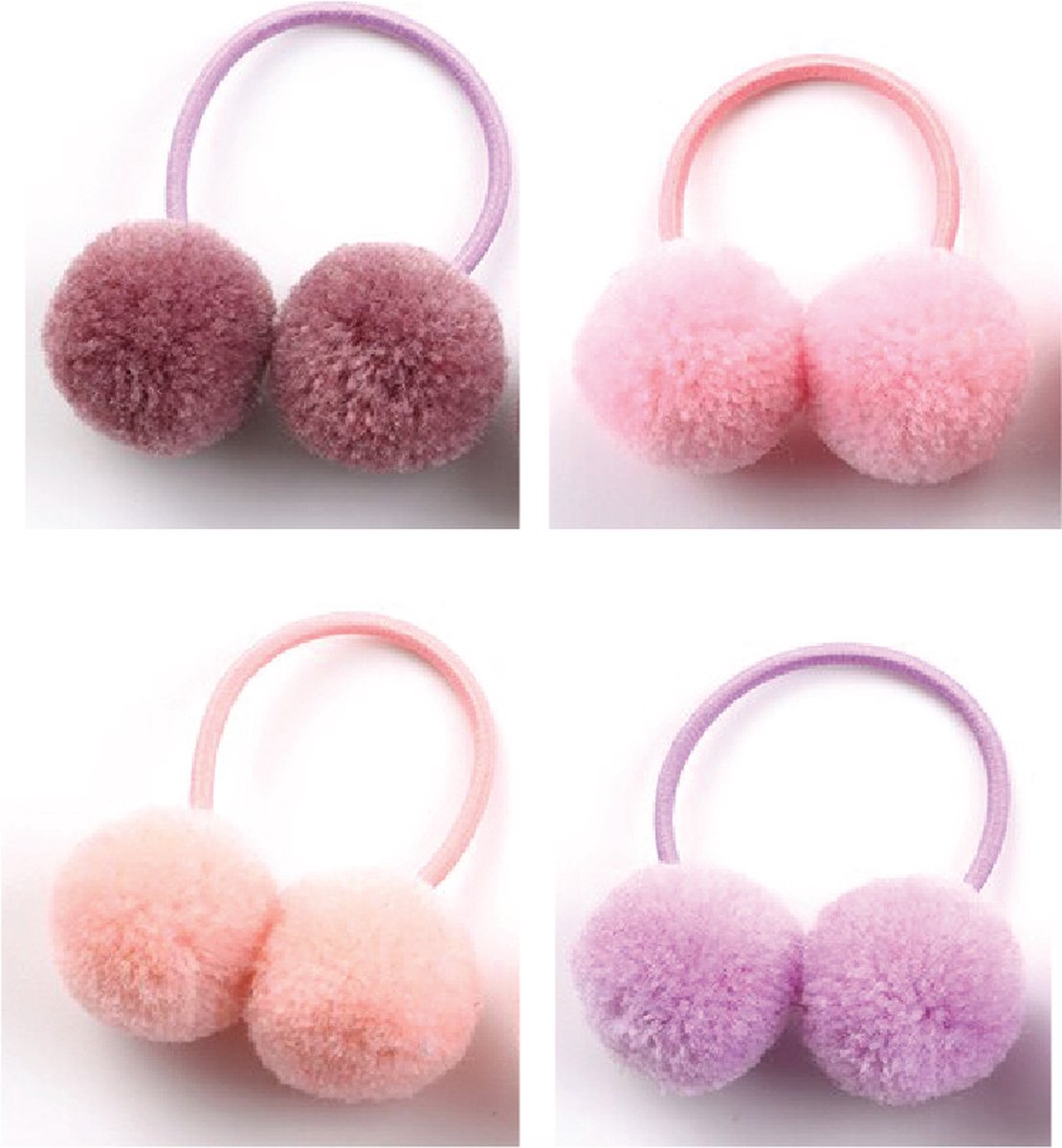 Gekleurde haarelastiekjes - elastiekje - meisje - pompom - bolletjes - roze - paars - peuter - pom pom - 4 stuks