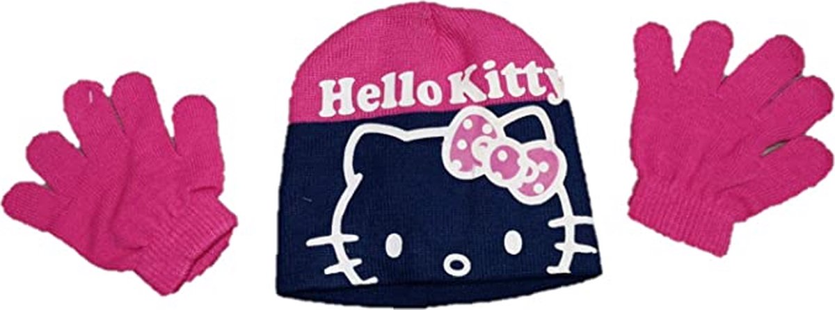 Hello Kitty | Winterset | 2-delig | Muts & Handschoenen | Navyblauw & Fuchsia | 54 cm
