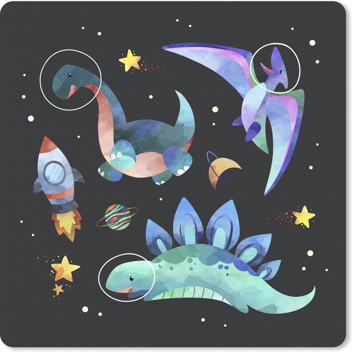 Muismat 30x30 cm - Mousepad Dinosaurus - Raket - Kinderen - Meisjes - Jongetje - Kinderen - Kids - Muismatten