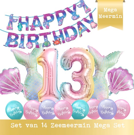 Snoes - Cijfer Folie Ballon - 13 Jaar Ballon - Zeemeermin Mermaid Mega pakket inclusief Slinger - Verjaardag - Meisje - Birthday Girl - Happy Birthday - Verjaardag 13 Jaar