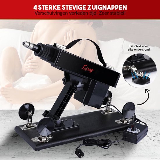 Zwarte seksmachine met vier zuignappen op een zwarte basis, met uitleg over de stabiliteit.