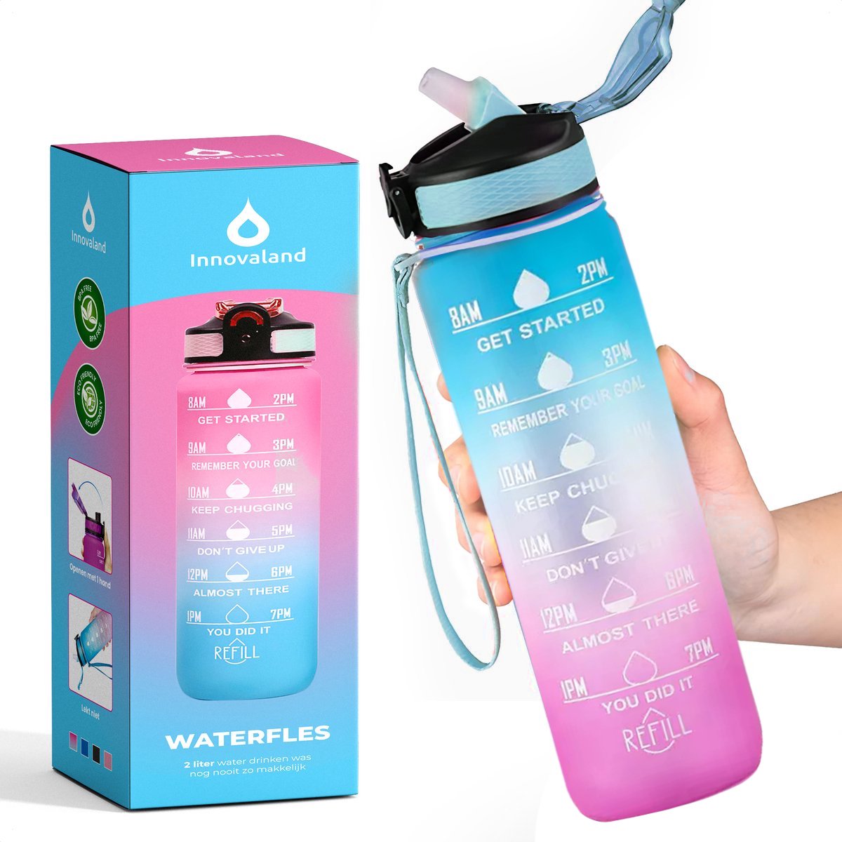 Innovaland Motivatie Waterfles Blauw / Roze- 1 Liter Drinkfles - Waterfles met Rietje - Waterfles met tijdmarkering - BPA Vrij - Volwassenen - Kinderen