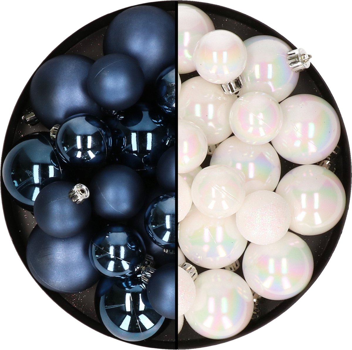 Decoris Kerstballen Mix kunststof - donkerblauw en parelmoer wit - 6-8-10 cm - 44 stuks - mat en glans