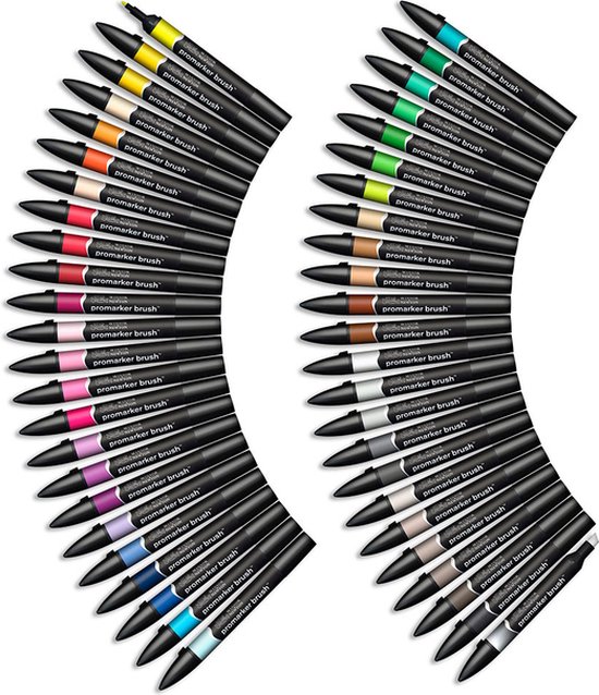 Een dubbelzijdige waaier van Promarker Brush pennen in diverse kleuren, van geel tot zwart.