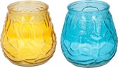 Arti Casa 4x stuks Citronella Lowboy tafelkaarsen 10 cm geel en blauw glas - Anti insecten/muggen