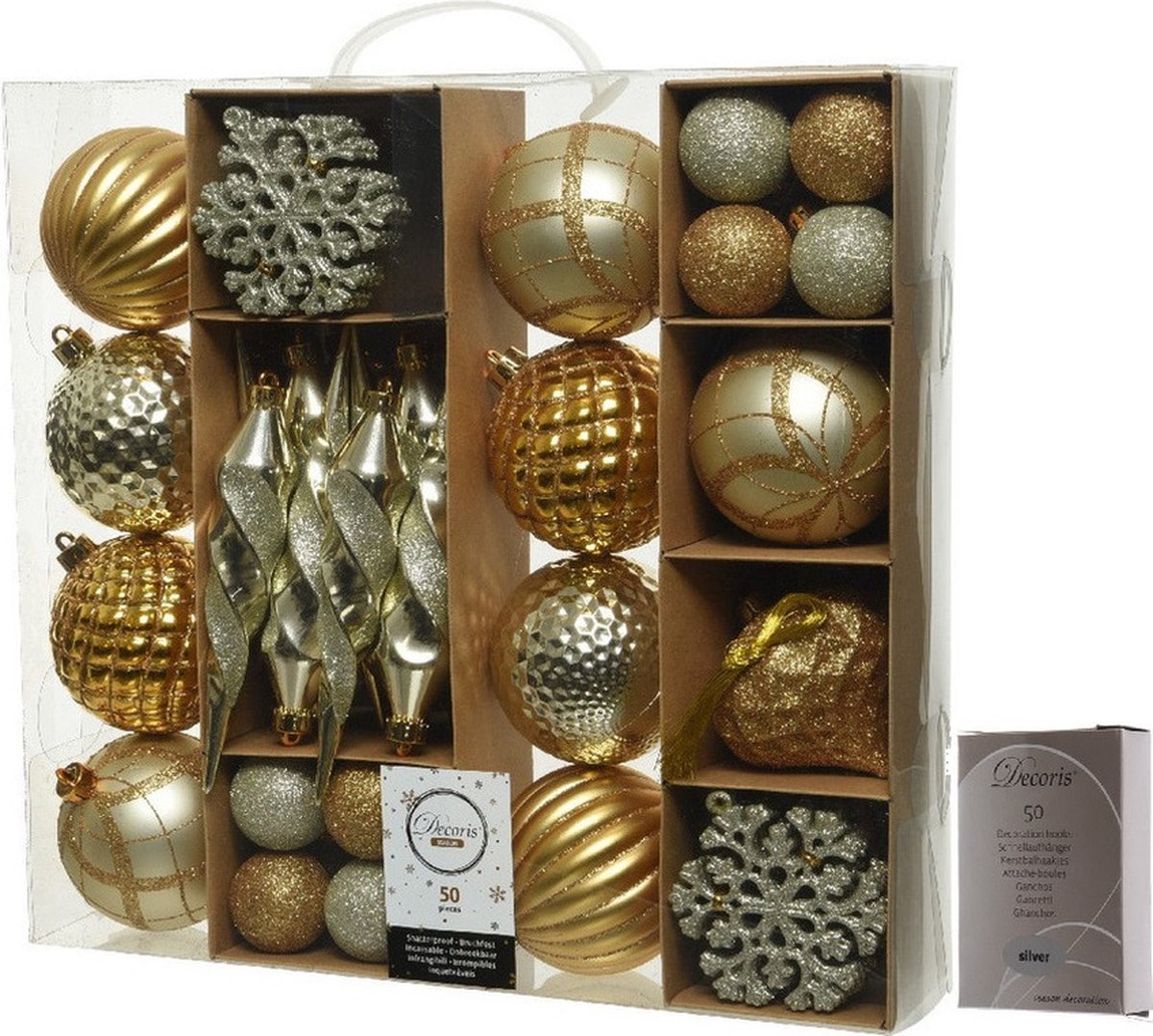 50x Gouden kerstballen en figuren 4-8-15 cm kunststof mix incl. ophanghaakjes