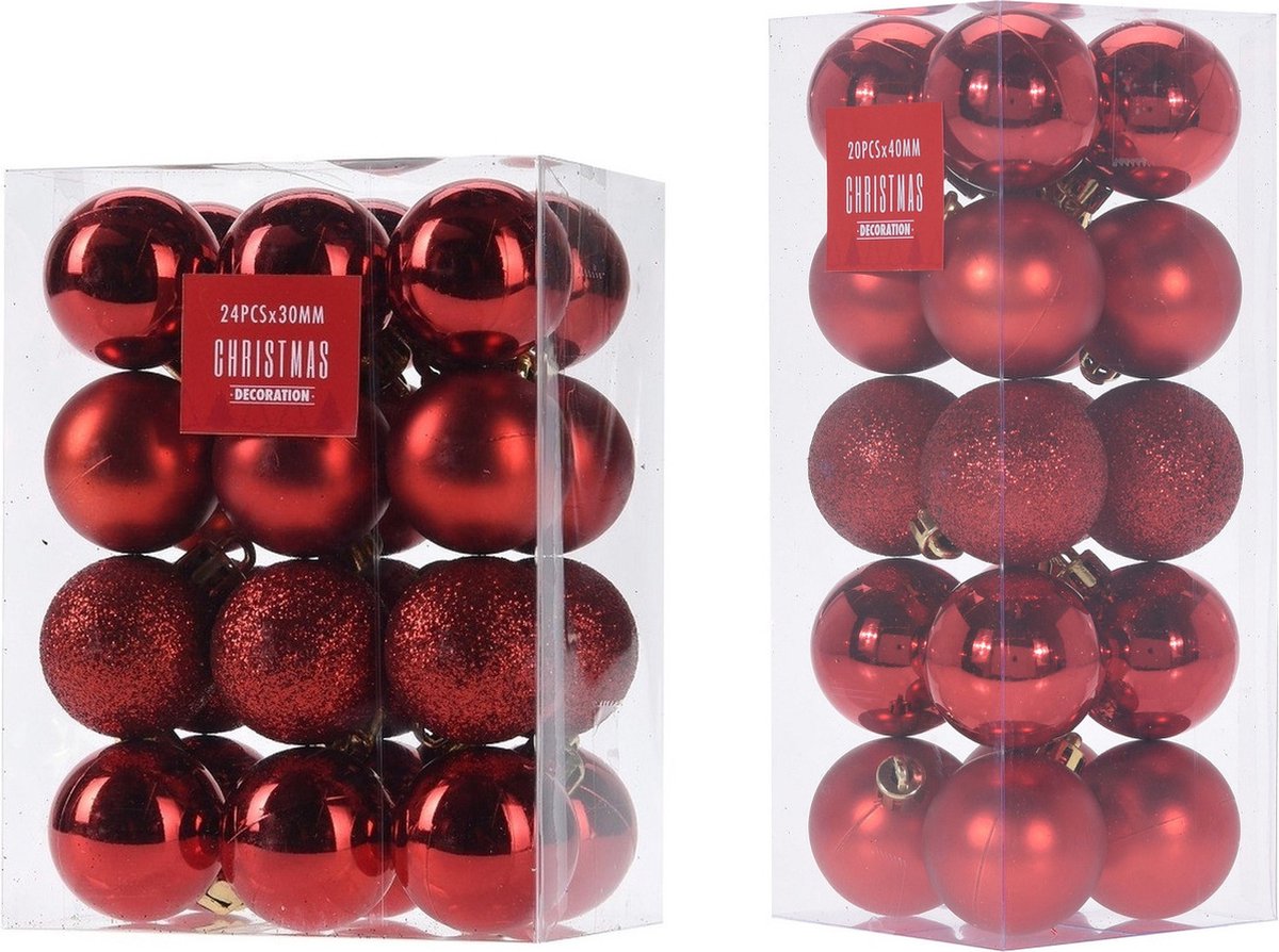 Kleine kunststof kerstversiering set van 3 cm en 4 cm kerstballen in het rood - 44x stuks - Voor kleine kerstbomen