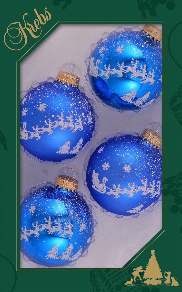 12x stuks luxe glazen kerstballen 7 cm blauw met witte slee - Kerstversiering/kerstboomversiering
