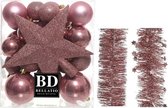 Kerstversiering kunststof kerstballen 5-6-8 cm met ster piek en folieslingers pakket oud roze van 35x stuks - Kerstboomversiering
