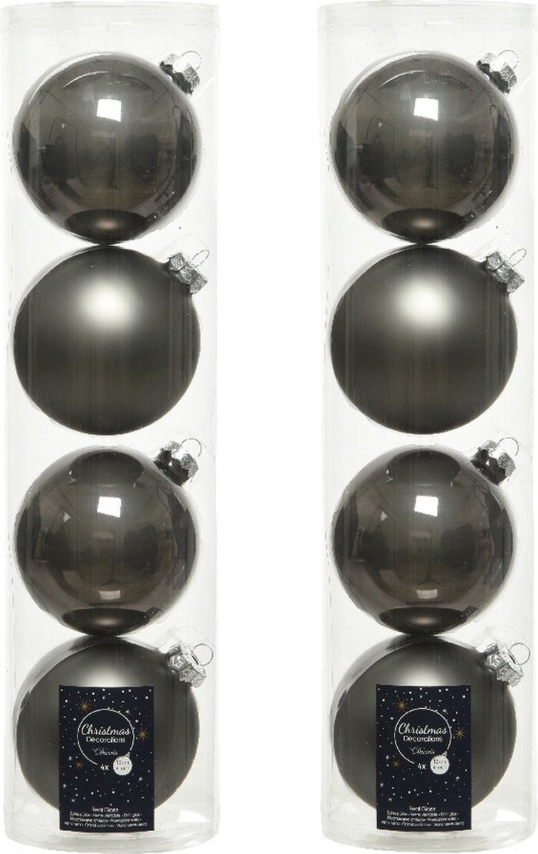 Glanzende antracietgrijze glazen kerstballen van Decoris, set van 8 stuks, elk met een diameter van 10 cm.