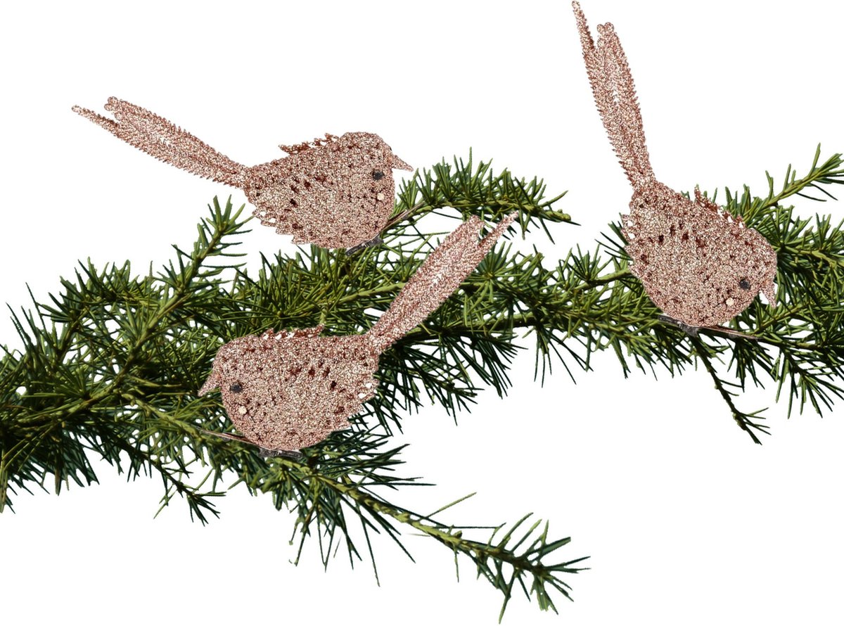 Roze glitter kerstboomversiering vogeltjes op clip, 12 cm, van Cosy&Trendy. Kerstboom decoratie.