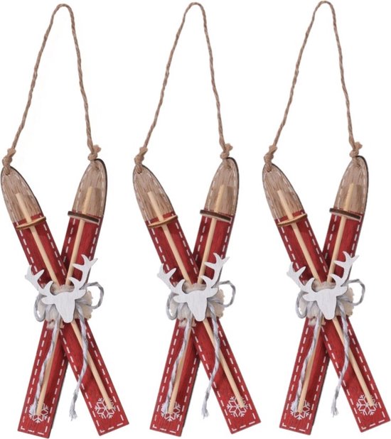 12x Kerstboomdecoratie rode houten ski set met rendier 12 cm – kerstboomversiering – kerstdecoratie