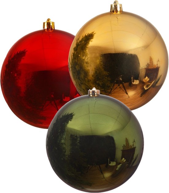 3x grosses boules de Noël de 20 cm brillant en plastique vert or et rouge - Décorations de Noël