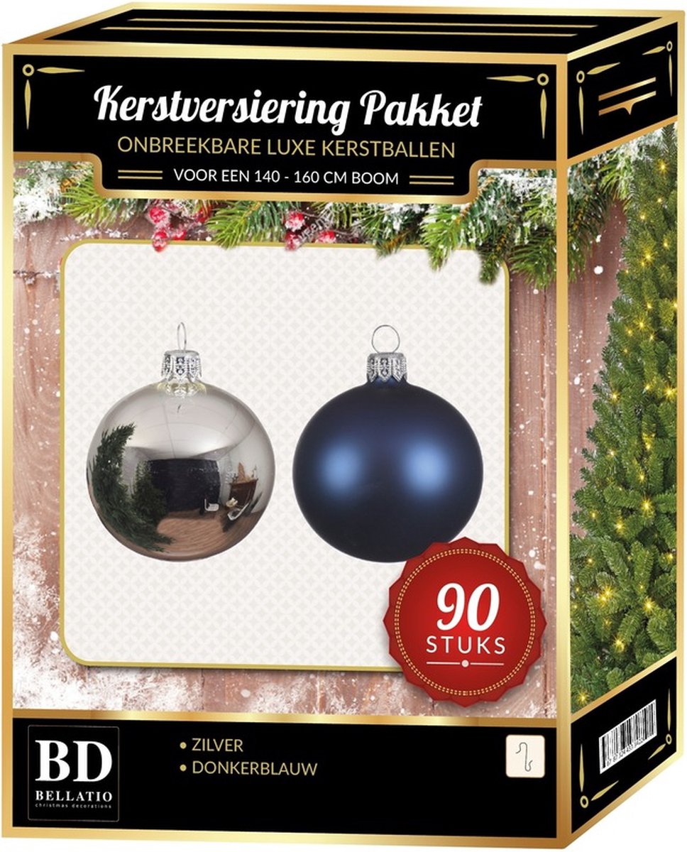 Kerstballen set 90delig voor 150 cm boom Zilver met donker blauwe