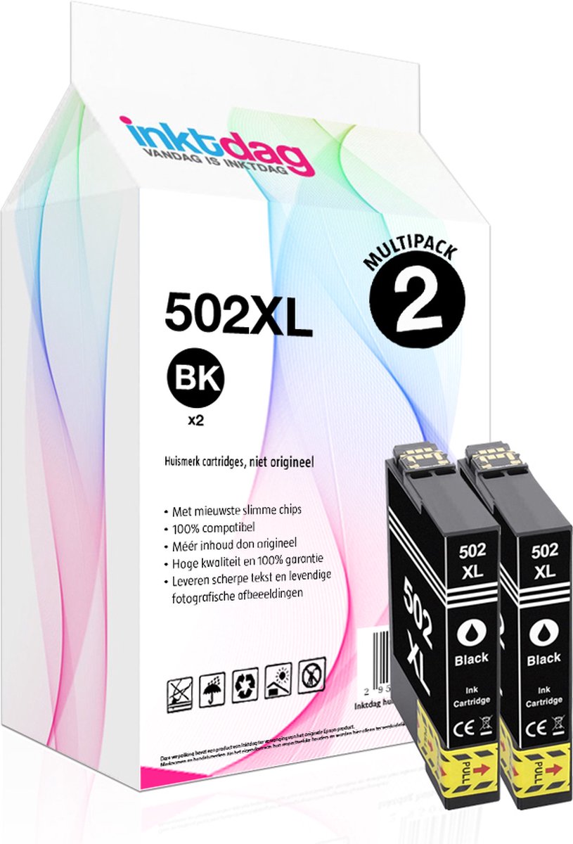 Inktdag inktcartridges voor Epson 502XL BK, Epson 502 zwart multipack van 2 stuks (Epson 502xl zwart *2) voor Epson Expression Home XP-5105 XP-5100 Workforce WF-2860DWF WF-2865DWF XP5105 WF-2860