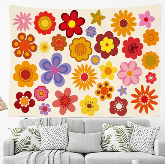 Ulticool - Flower Power Bloemen - Wandkleed - 200x150 cm - Groot wandtapijt - Poster - Oranje Rood Roze