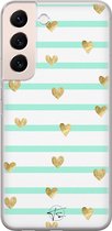 Hoesje geschikt voor Samsung Galaxy S22 - Mint hartjes - Soft Case - TPU - Gestreept - Blauw - Mooie Telefoonhoesjes