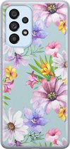 Hoesje geschikt voor Samsung Galaxy A53 - Mint bloemen - Soft Case - TPU - Bloemen - Blauw - Mooie Telefoonhoesjes