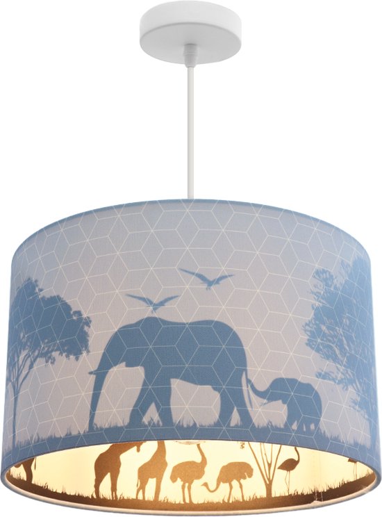 Olucia Safari - Kinderkamer hanglamp - Stof - Blauw - Cilinder - 30 cm