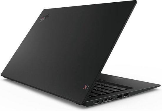 Zwarte Lenovo ThinkPad X1 laptop, van de zijkant gezien, opengeklapt
