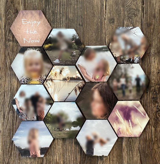 Creaties van hier - hexagon - foto - set van 9 - 20x23 cm - populierenhout - gepersonaliseerd cadeau