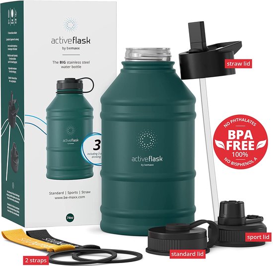 Drinkfles RVS ACTIVE FLASK + Strohalm (3 Drinkdoppen) BPAVrij