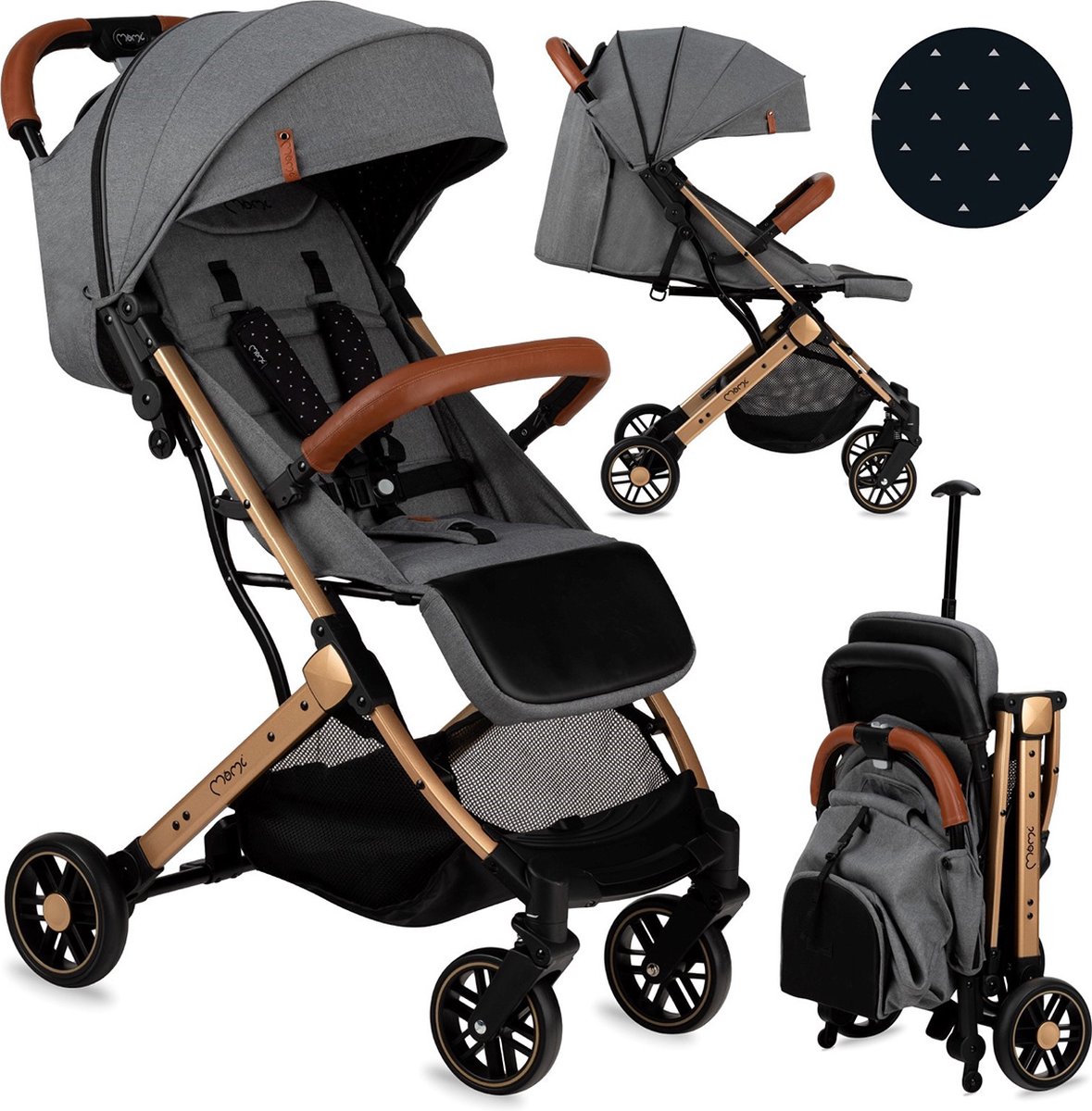 MoMi Estelle Kinderwagen - Lichtgewicht Buggy - Compact Opvouwbaar - Met Verstelbare Rugleuning - Reisbuggy 6+ Maanden - Grijs/Goud