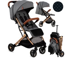 MoMi Estelle Kinderwagen - Lichtgewicht Buggy - Compact Opvouwbaar - Met Verstelbare Rugleuning - Reisbuggy 6+ Maanden - Grijs/Goud