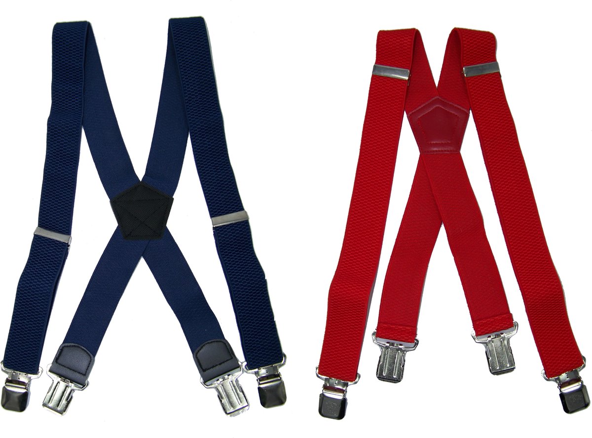 Donkerblauw en Rood 4 clip Bretels met stevige sterke brede stalen clips Duo Pack
