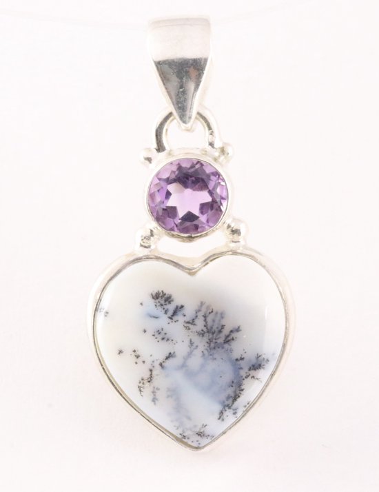 Hartvormige zilveren hanger met dendriet opaal en amethist