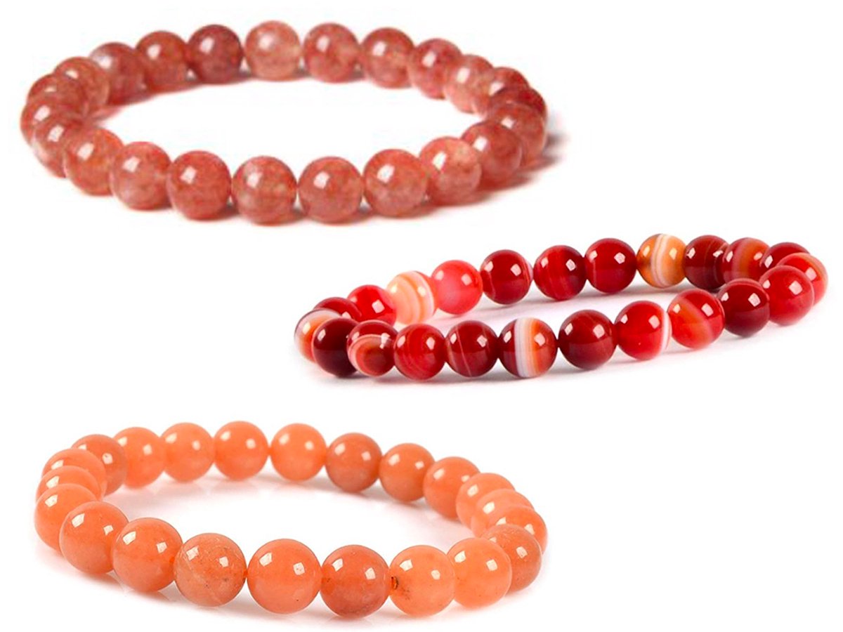 Bixorp Gems Edelstenen Armbanden Set Oranje Aventurijn + Rode Agaat + Aardbeienkwarts - Kralenarmband