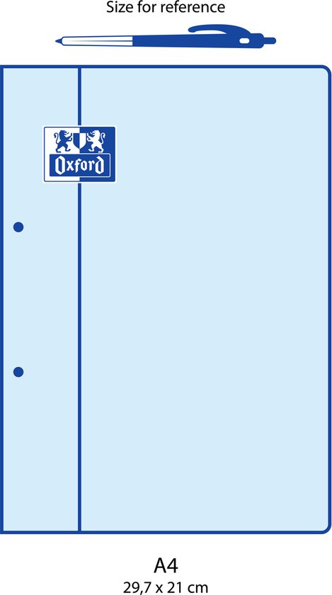 Lichtblauwe A4 insteekhoes met blauwe rand en Oxford logo. Pen als referentie.