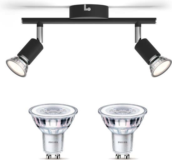 Philips Limbali Opbouwspot met GU10-fitting & Philips LED Spot GU10 50W - LED - Spotjes Opbouw - 2 Lichtpunten - Zwart
