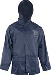Donkerblauwe regenjas met capuchon en drukknoopsluiting.