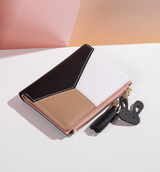 Dames portemonnee zwart - wit- bruin compacte dames portefeuille met leuke  hangers en... | bol.com