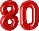 Folie Ballon Cijfer 80 Jaar Rood Verjaardag Versiering Helium Cijfer Ballonnen Feest versiering Met Rietje - 86Cm