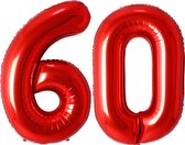 Folie Ballon Cijfer 60 Jaar Rood Verjaardag Versiering Helium Cijfer Ballonnen Feest versiering Met Rietje - 86Cm