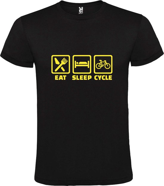 Zwart T shirt met print van " Eat Sleep Cycle " print Geel size XL
