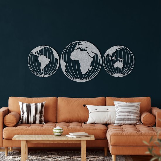 Wanddecoratie | Wereldkaart / World Map| Metal - Wall Art | Muurdecoratie | Woonkamer | Buiten Decor |Zilver| 38x50x38cm