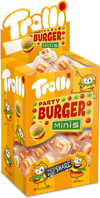 Displaydoos met Trolli Party Burger Minis. De gele doos toont de kleine hamburger snoepjes en de mascotte van Trolli.