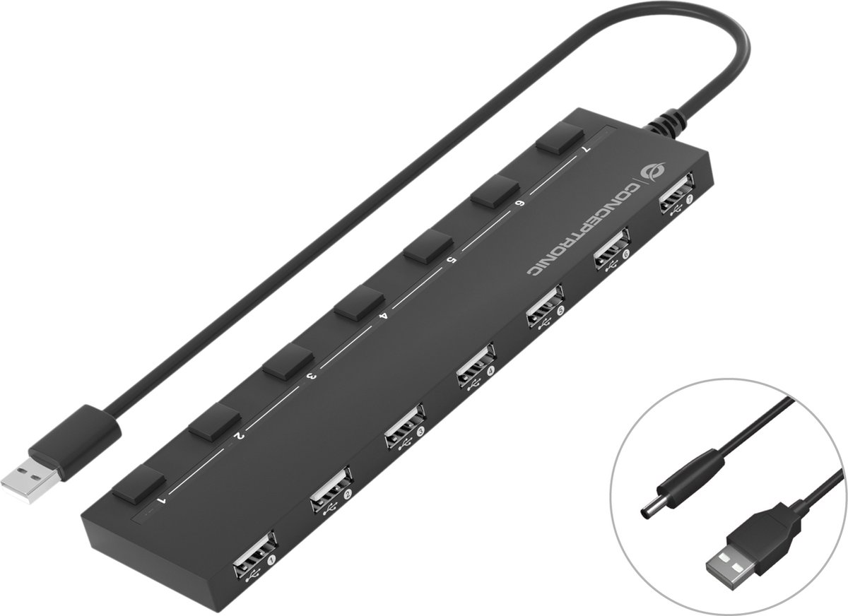 Conceptronic HUBBIES 7-Port-USB-2.0-Hub HUBBIES08B USB-hub 7 poorten USB-A USB 2.0 480 MBit/s Zwart