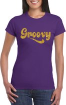 Toppers Paars Flower Power  t-shirt Groovy met gouden letters dames - Sixties/jaren 60 kleding M