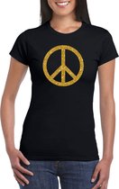 Toppers Zwart Flower Power t-shirt gouden glitter peace teken dames - Sixties/jaren 60 kleding S