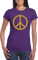 Toppers Paars Flower Power t-shirt gouden glitter peace teken dames - Sixties/jaren 60 kleding S