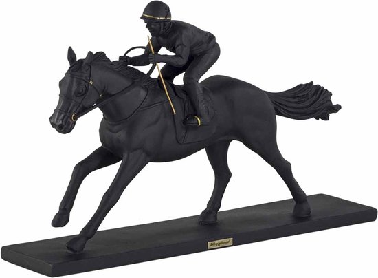 Happy House - Paarden Beeld - Beeld jockey op renpaard - Kleur: zwart/goud - Afmeting: 29,7 x 6,5 x 18 cm