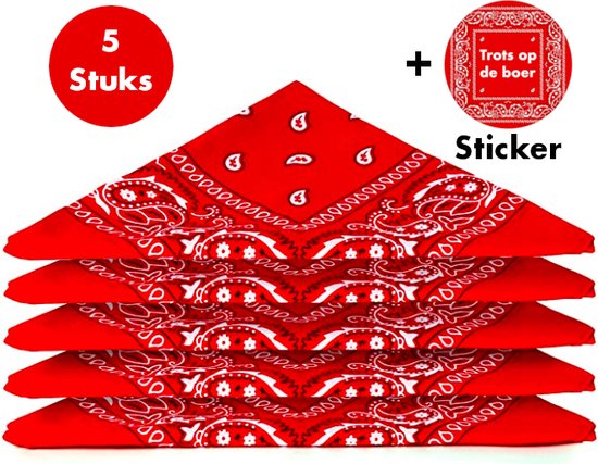 Boerenzakdoek Rood – Rode Zakdoek – Boerenzakdoek – Bandana -Unisex – 55 cm x 55 cm – 5 stuks + Boerensticker