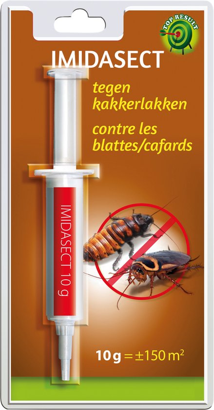 Imidasect doseerspuit 10g tegen kakkerlakken. Op de verpakking staan twee kakkerlakken met een rood kruis erdoor.