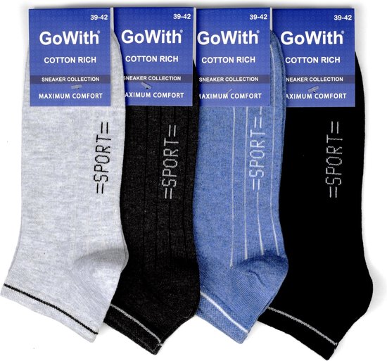 GoWith - katoen sokken - sportsokken - 4 paar - enkelsokken - sneaker sokken - heren sokken - kleur zwart blauw creme - maat 39-42