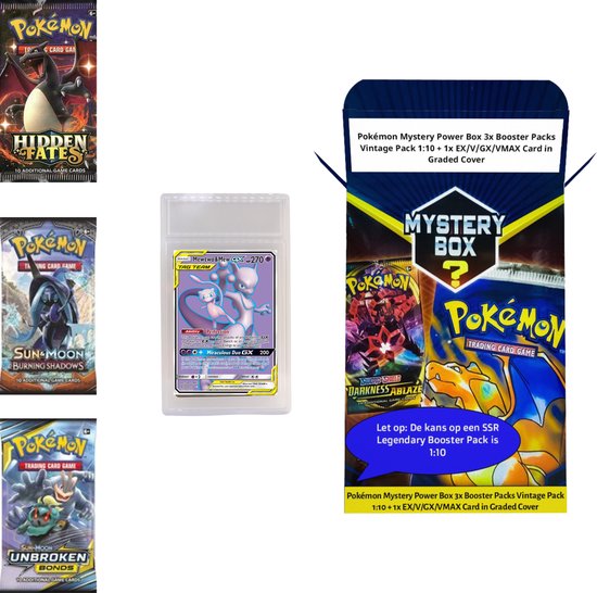 Thumbnail van een extra afbeelding van het spel Pokémon Mystery Power Box 3x Booster Packs Vintage Pack 1:10 + 1x EX/V/GX/VMAX Card in Graded Cover